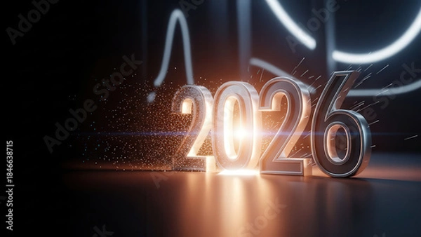 Fototapeta Number 2026 emerging from glowing light into darkness transition