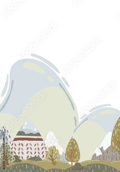 Fototapeta Mountain landscape lower border, hand-drawn vector illustration with abstract trees and hills in muted colors for children’s books, backgrounds, and web design.