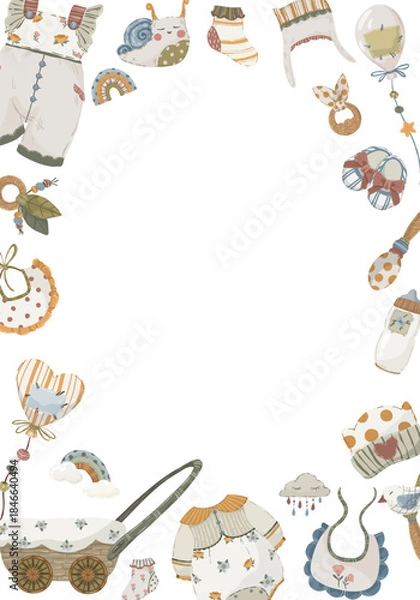 Fototapeta Newborn baby accessories frame, hand-drawn vector illustration border with cute clothes, toys, and stroller for baby shower invitations and cards.