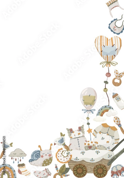 Fototapeta Newborn baby objects corner composition, hand-drawn vector illustration with baby carriage, clothes, and toys for vertical card design.