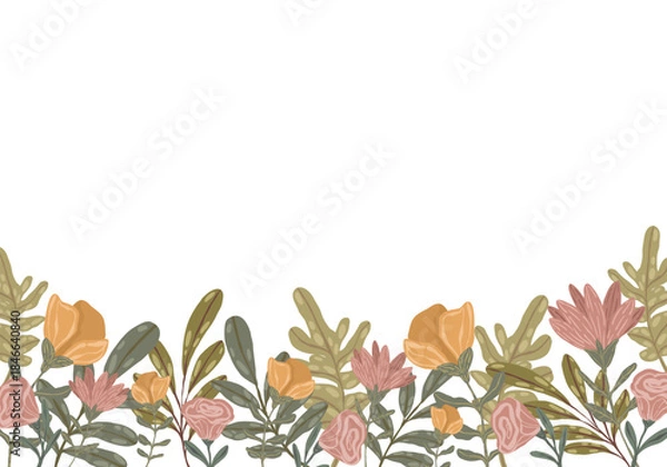 Fototapeta Wildflower lower border, hand-drawn vector illustration with colorful field flowers and large leaves for posters, banners, and spring or summer event invitations.