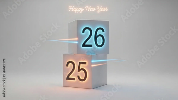 Fototapeta Stacked cubes with 25 and 26 glowing new year transition