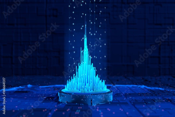 Obraz Futuristic digital pyramid with binary code and digital particles, machine learning, big data concept. Science and technology, data exchange, blockchain, innovation, deep learning.