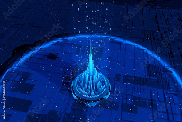 Obraz Futuristic digital pyramid with binary code and digital particles, machine learning, big data concept. Science and technology, data exchange, blockchain, innovation, deep learning.