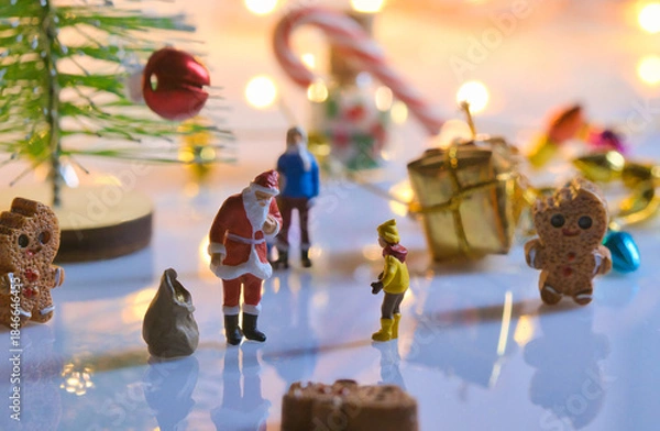 Obraz Creative ho scale miniature christmas scenes, santa claus, musicians, and families in a giant candy santa claus giving gift in miniature christmas scene