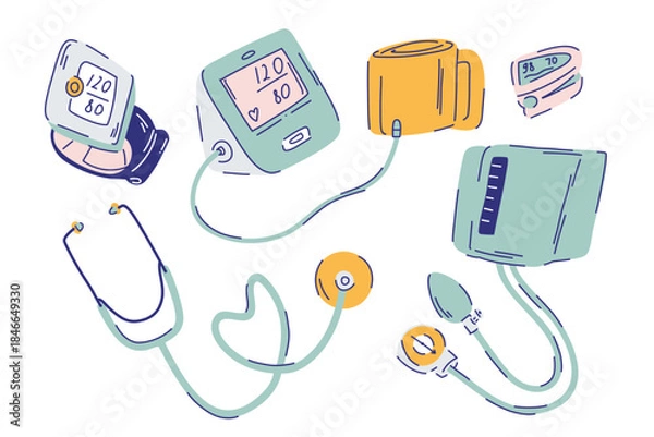 Obraz A large set of mechanical and automatic tonometers, devices for measuring pressure