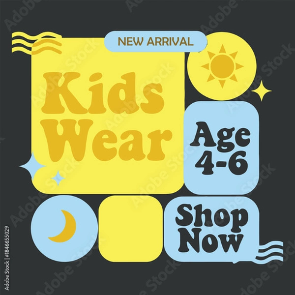 Obraz Playful kids wear fashion and apparel Ad Template using flat vector design. Include space for product visuals, age range text, and a Shop Now CTA