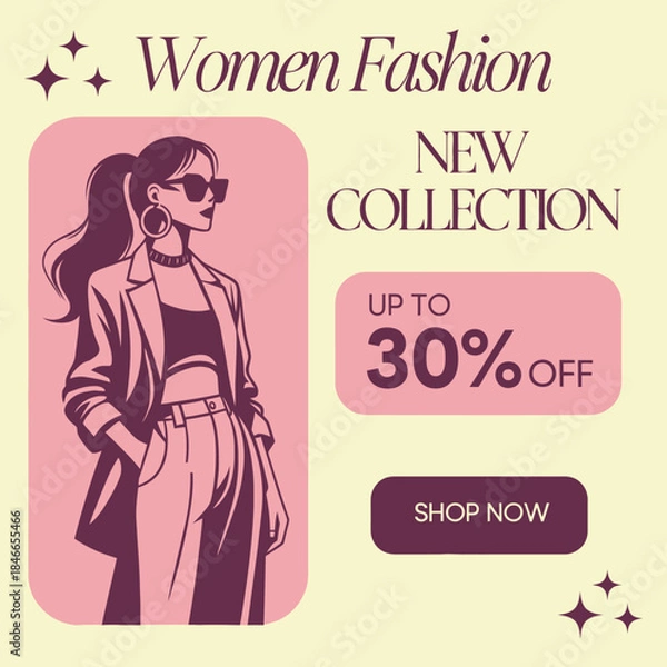 Obraz Stylish women’s fashion and apparel Ad Template using flat vector design. Include areas for a featured outfit, collection name, discount text, and CTA