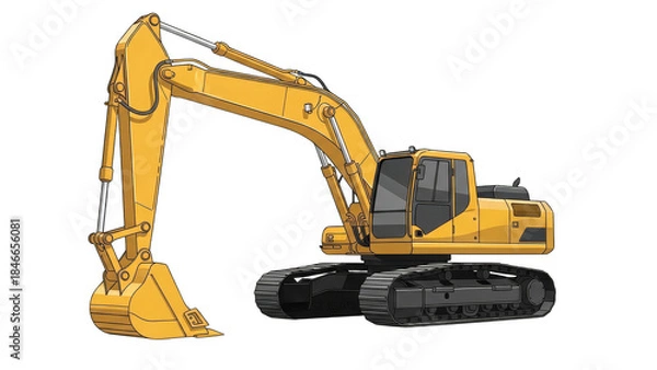 Fototapeta Heavyduty yellow excavator isolated on a white background ready for construction work.