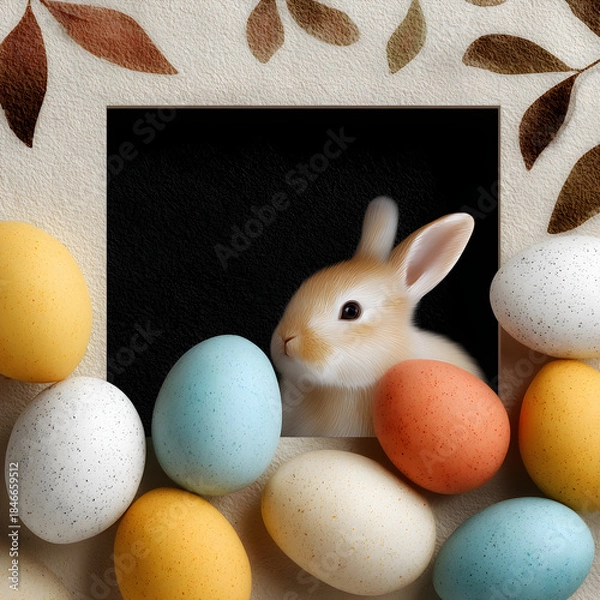 Obraz Easter bunny peeking through frame with colorful eggs