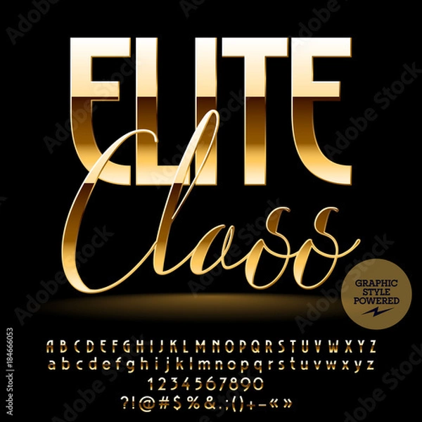 Fototapeta Vector chic label Elite class. Golden Font contains Graphic style. Luxury Alphabet letters, Numbers and Punctuation Symbols