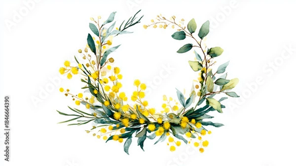 Obraz ミモザとユーカリの水彩画風リースフレーム