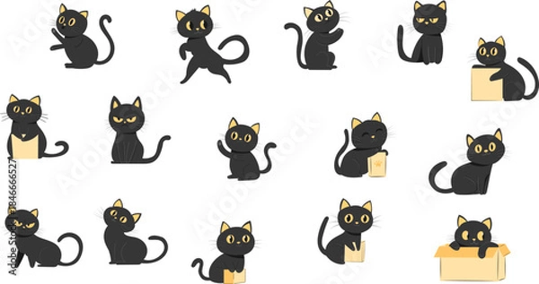 Obraz Set of cute funny kittens in different poses and angles, black cats, vector