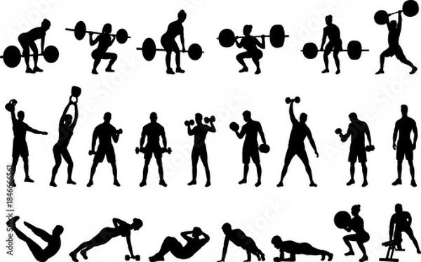 Obraz Set of silhouettes of men and women with dumbbells and barbells, athletes, gym, vector