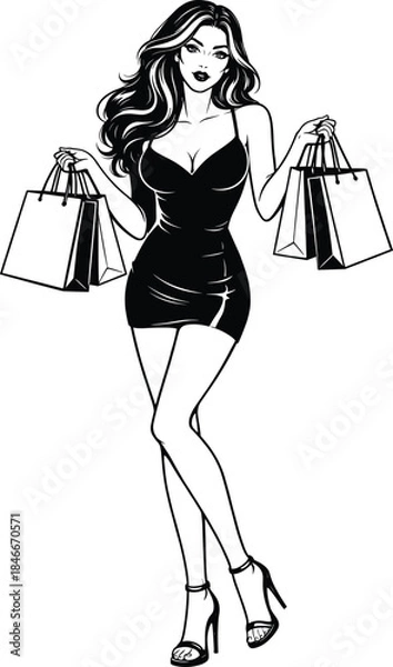 Obraz Stylish Woman Shopper Illustration , Black and White Line Art Fashion Cartoon with Shopping Bags