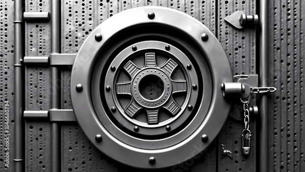 Fototapeta A close-up of a round metal door with a chain attached to it.