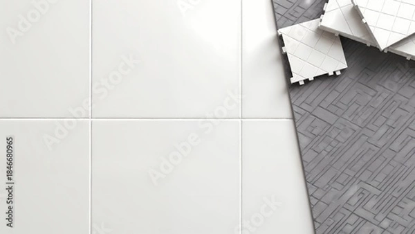 Fototapeta An aerial view of a white tiled wall next to a gray floor.