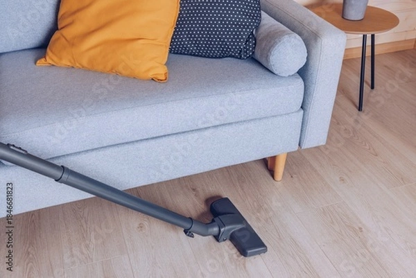 Obraz A Comfortable Living Room Scene Highlighting a Grey Couch with Cushions and a Vacuum Cleaner for Effortless Home Cleaning