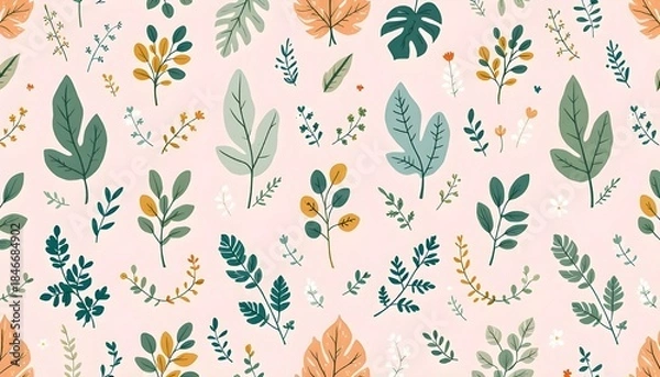 Fototapeta Seamless botanical leaf pattern with soft pastel colors for modern wallpaper, fabric, and minimalist decor design.