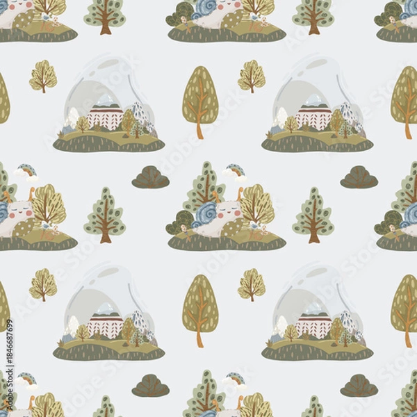 Fototapeta Forest landscape seamless pattern, hand-drawn vector background with abstract mountains and trees in earth tones for home decor, packaging, and children’s clothing.