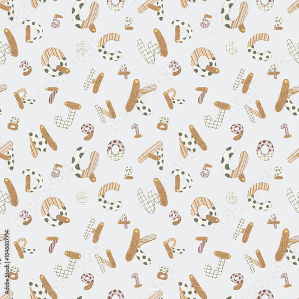 Fototapeta Playful letters and numbers seamless pattern, hand-drawn vector background with cute stylized alphabet and digits for kids’ school supplies, paper, and nursery decor.