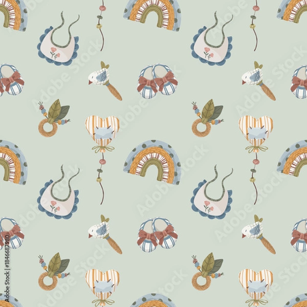 Fototapeta Baby toys and carriage seamless pattern, hand-drawn vector background with cute cat toy, stroller, rattles, and rainbow for nursery decor, greeting cards, and kids design.