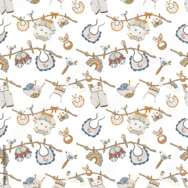 Fototapeta Baby toys and carriage seamless pattern, hand-drawn vector background with cute cat toy, stroller, rattles, and rainbow for nursery decor, greeting cards, and kids design.