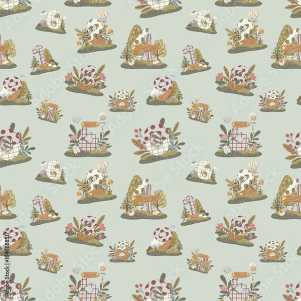 Fototapeta Forest landscape seamless pattern, hand-drawn vector background with abstract mountains and trees in earth tones for home decor, packaging, and children’s clothing.