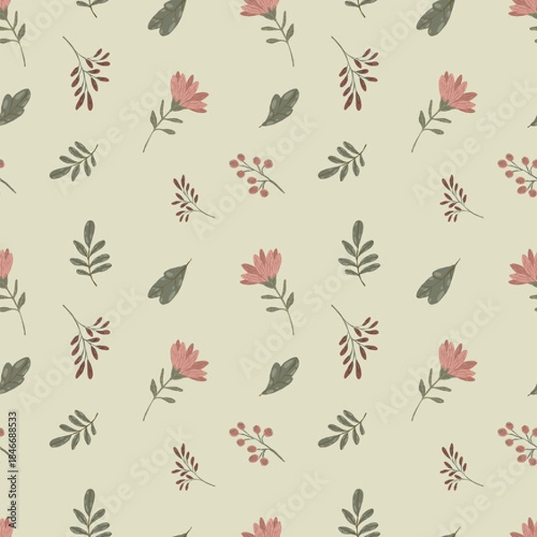 Obraz Minimalistic floral seamless pattern, hand-drawn vector background with delicate pink flowers, berries, and leaves in soft pastel colors for fabric, stationery, and wedding design.