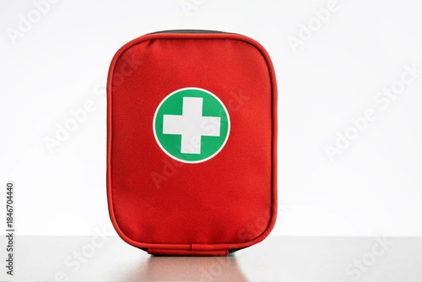 Obraz A first aid kit on the table on white background.
