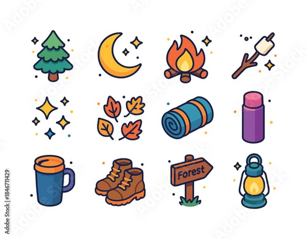 Obraz Woodland Evening Icons. woodland evening. Colorful isometric vec