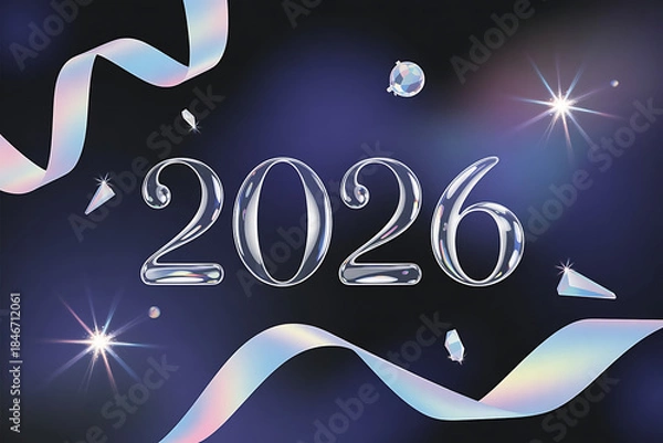 Fototapeta 2026 crystal typography with iridescent ribbon and sparkling gems on a celebratory gradient background, symbolizing new year's elegance and future prosperity.