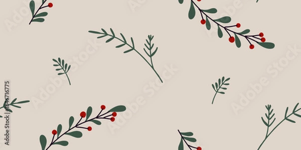 Obraz Hand-Drawn Holly Berry Branches Seamless Pattern