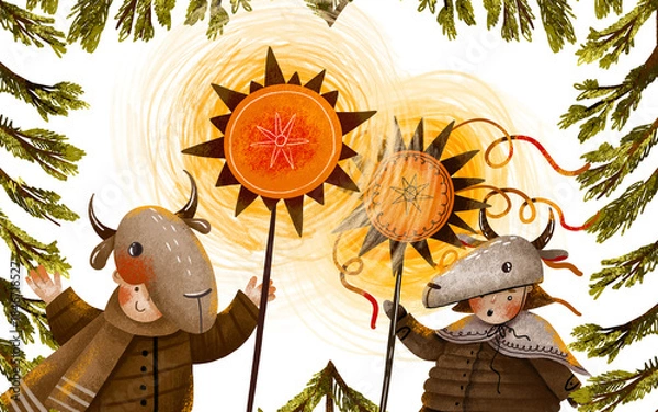 Obraz Greeting card with spruce branches, Ukrainian carolers with christian tradition star and goat mask. Winter holidays in Ukraine village Carols Vertep and Kolyadka Theatre hand drawn illustration poster