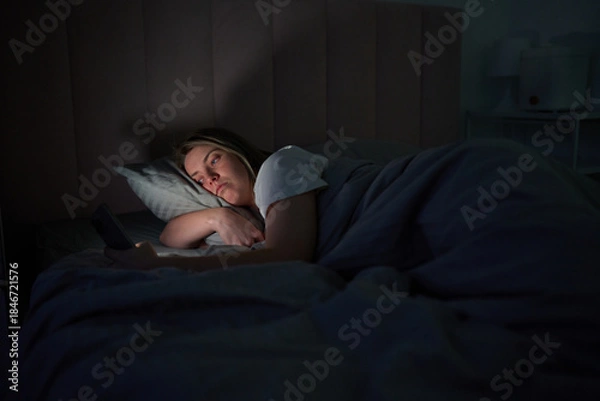 Obraz Late-Night Phone Scroll Under Soft Bedside Light