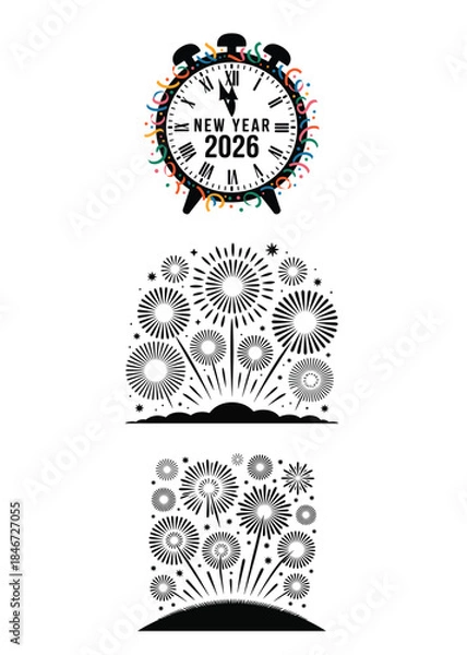 Obraz New Year 2026 Clock Fireworks Celebration Vector Graphic Set