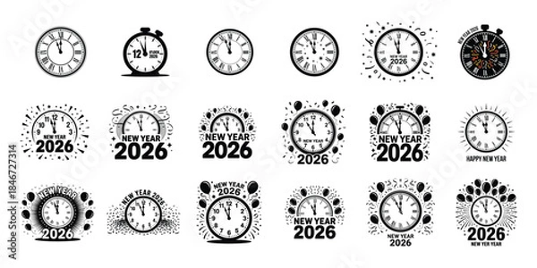 Obraz New Year 2026 Clock Countdown Icon Watch Vector Graphic Set