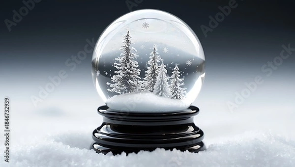 Fototapeta a snow globe with pine trees inside on a snowy surface