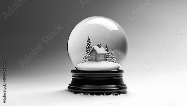 Fototapeta black and white snow globe with house and trees inside on a snowy surface