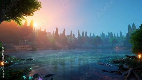 Fototapeta serene lake landscape with trees and sunset in the background