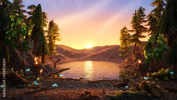 Fototapeta serene lake surrounded by trees at sunset with fireflies flying around a peaceful natural scene