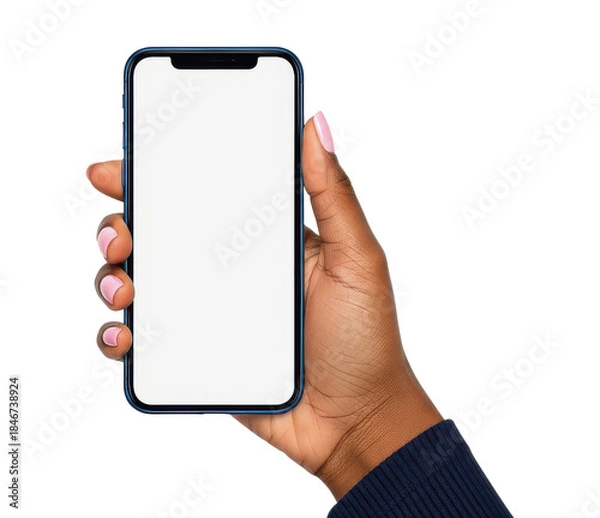 Obraz 白い画面のスマートフォンを持つ黒い肌の女性の手のモックアップ