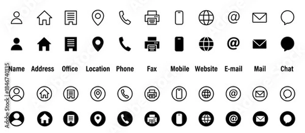Obraz 名刺・ビジネスカード用連絡先情報アイコン・マークセット