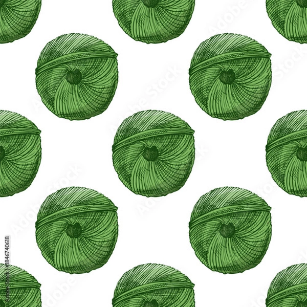 Obraz Hand drawn vintage seamless pattern of green yarn ball in engraving style