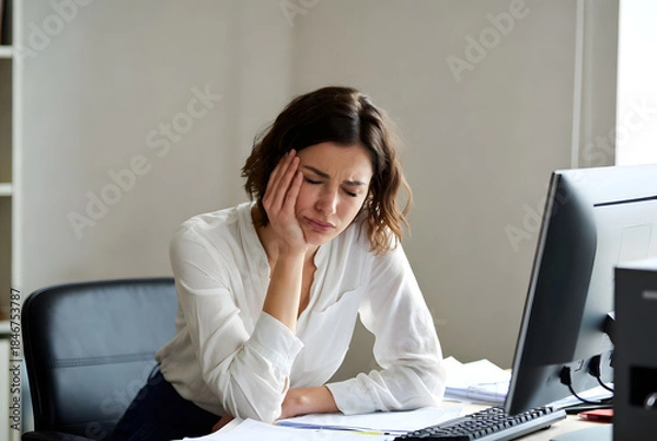 Fototapeta Overworked businesswoman having a headache in her office
