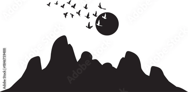 Obraz Silhouette of Mountain Range Landscape with Flock of Birds Flying Over the Sun or Moon