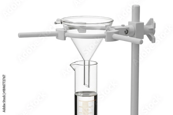Obraz Scientific laboratory filtration setup with glass funnel and stand isolated with transparent background