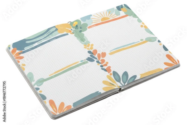 Obraz Open notebook with dot grid pages and colorful floral borders isolated with transparent background