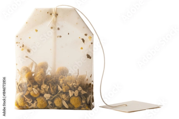 Obraz Single mesh herbal tea bag with dried chamomile flowers and string isolated with transparent background