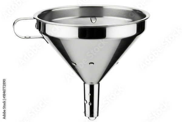 Obraz Stainless steel kitchen funnel with side handle and detachable filter isolated with transparent background